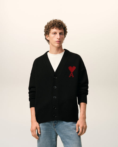 Cardigan Avec Ami De Coeur Contraste Noir en Laine - 2 - Ami Paris