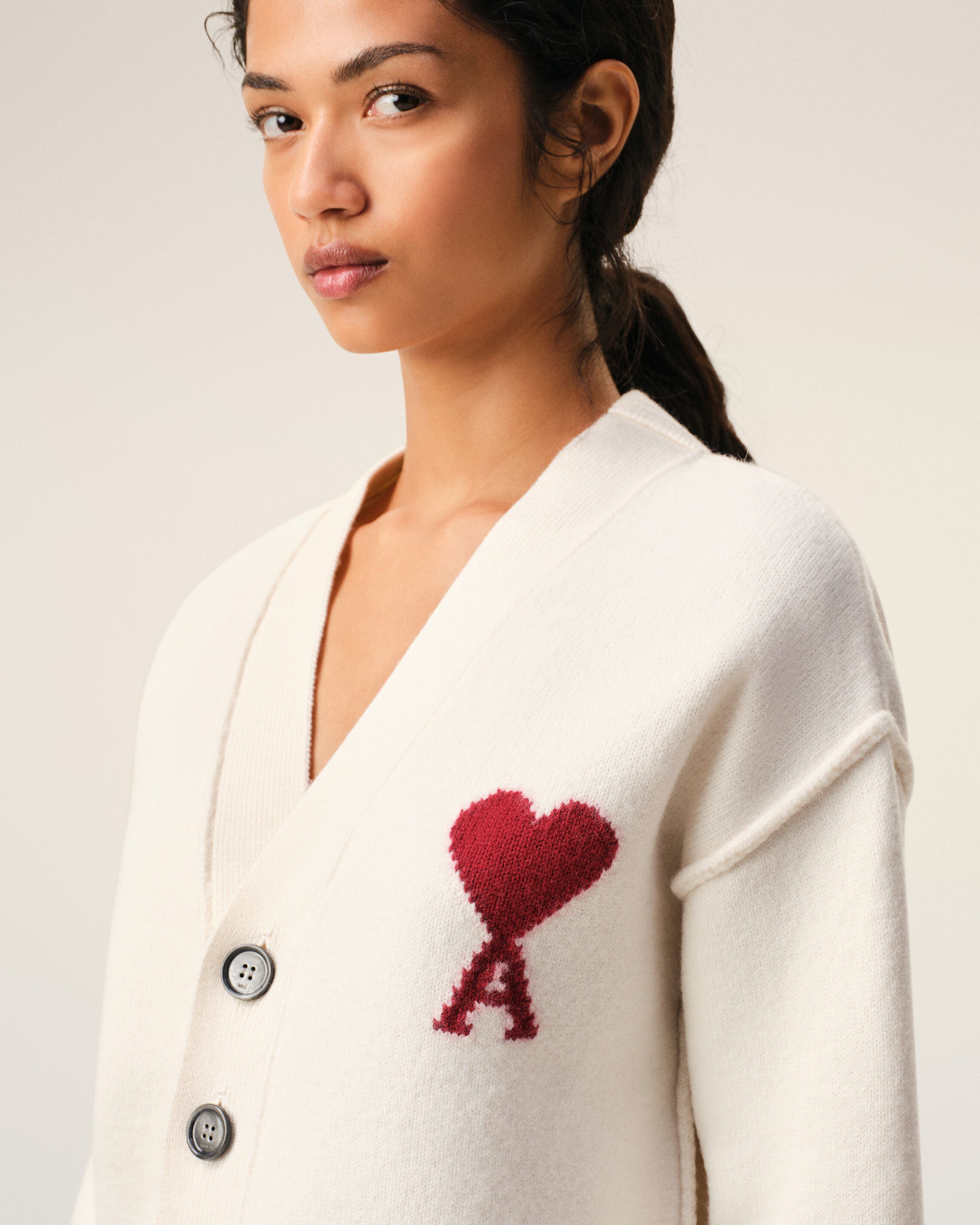 Natural Wool Cardigan With Contrasted Ami De Coeur - 10