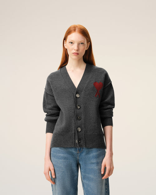 Grey Wool Cardigan With Contrasted Ami De Coeur - 9 - Ami Paris