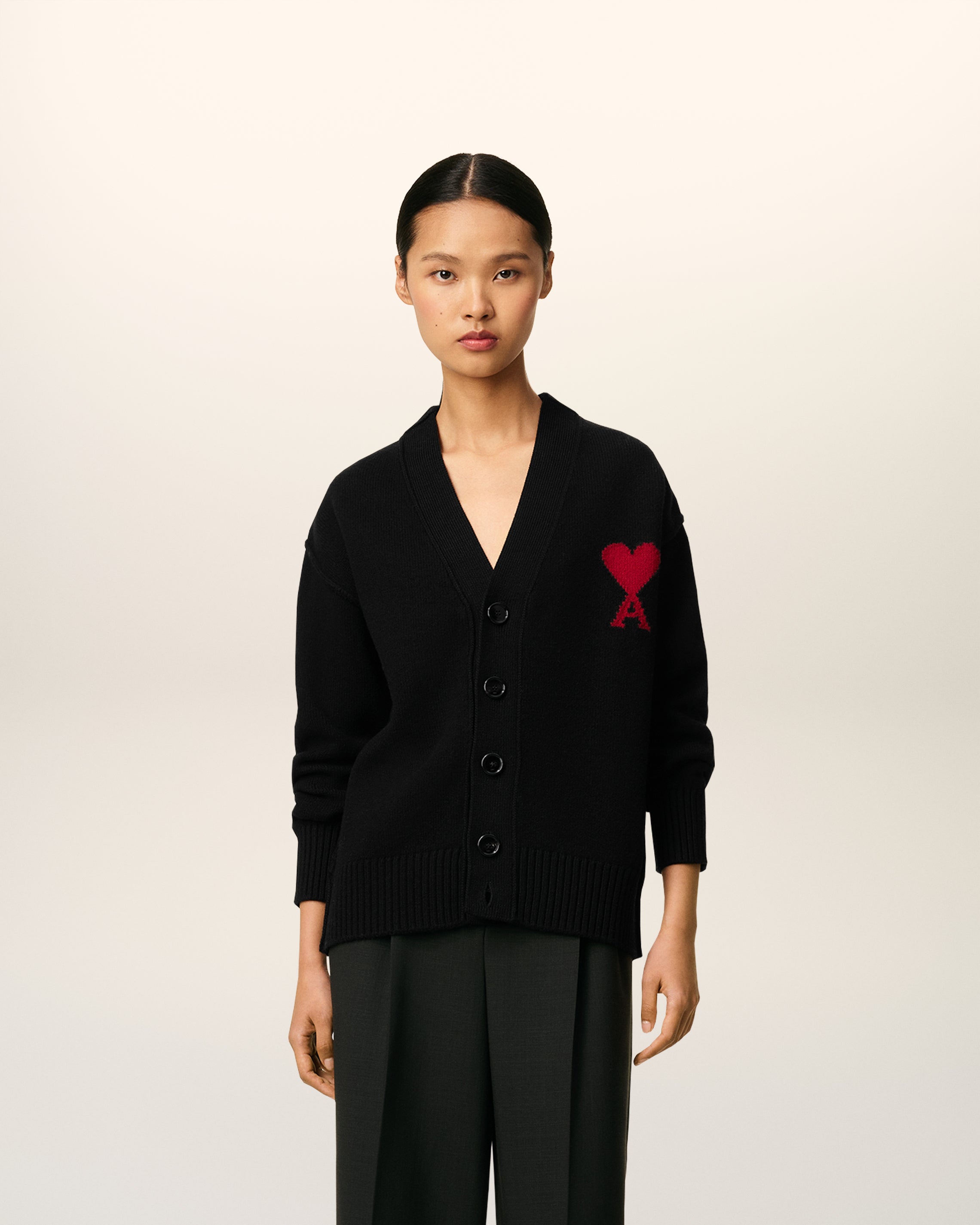 BLACK/RED Black Wool Ami De Coeur Cardigan | AMI PARIS