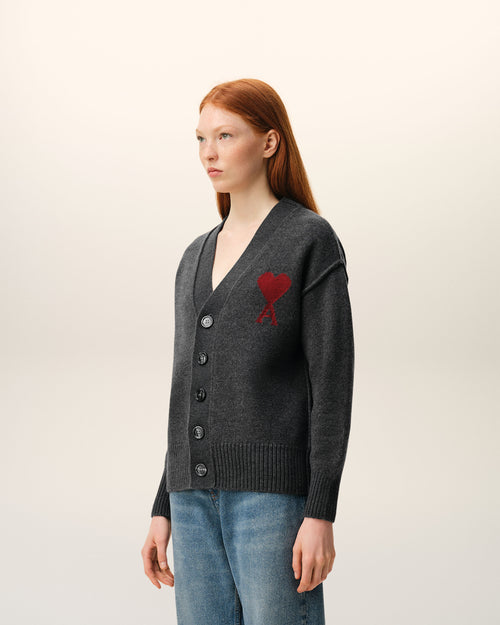 Grey Wool Cardigan With Contrasted Ami De Coeur - Woman - 12 - AMI Paris - Ami Paris