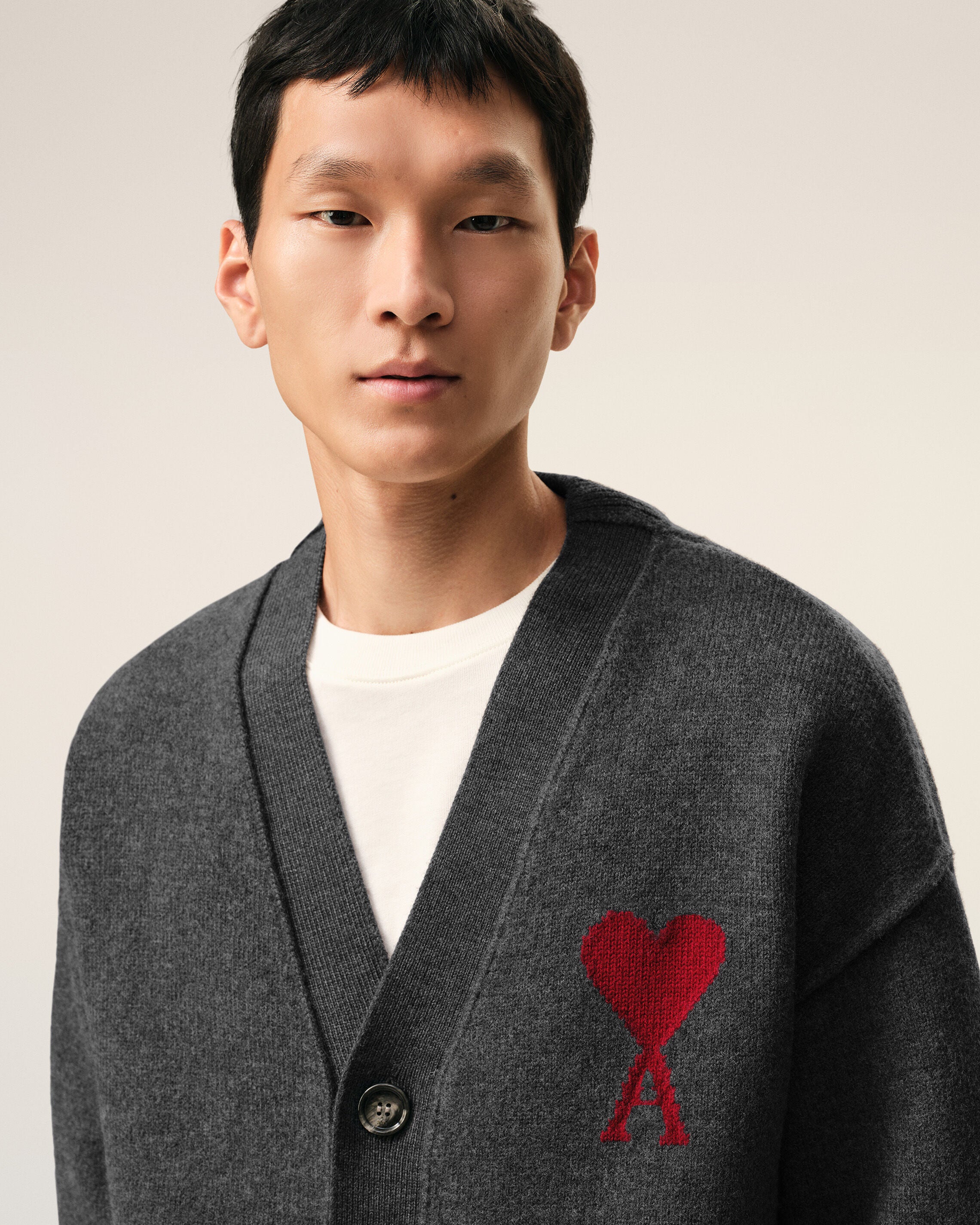 Grey Wool Cardigan With Contrasted Ami De Coeur - 4