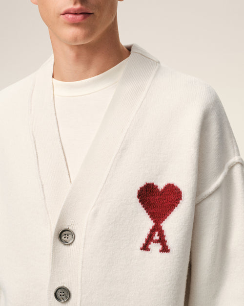 Natural Wool Cardigan With Contrasted Ami De Coeur - 4 - Ami Paris
