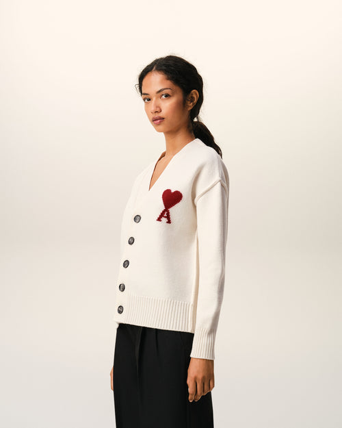 Natural Wool Cardigan With Contrasted Ami De Coeur - Woman - 12 - AMI Paris - Ami Paris