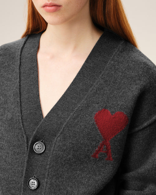 Grey Wool Cardigan With Contrasted Ami De Coeur - 10 - Ami Paris
