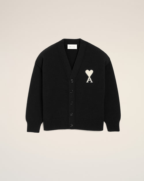 Black wool cardigan with Ami de Coeur - BLACK/OFF WHITE - Ami Paris