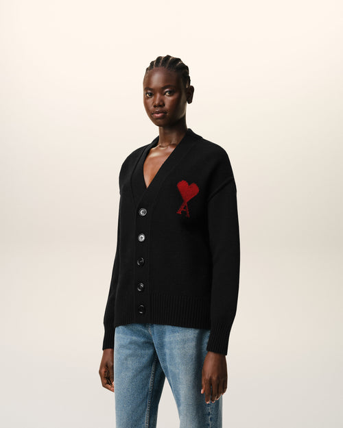 Black Wool Cardigan With Contrasted Ami De Coeur - 12 - Ami Paris