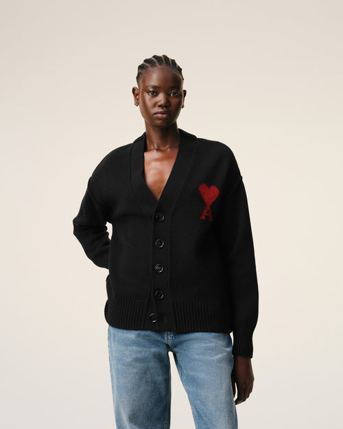 Black Wool Cardigan With Contrasted Ami De Coeur - 9 - Ami Paris