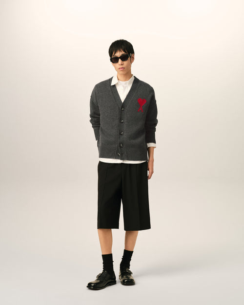 Grey wool cardigan with Ami de Coeur - Man - 3 - AMI Paris - Ami Paris