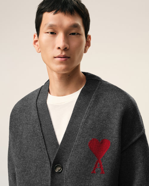 Grey Wool Cardigan With Contrasted Ami De Coeur - Man - 4 - AMI Paris - Ami Paris