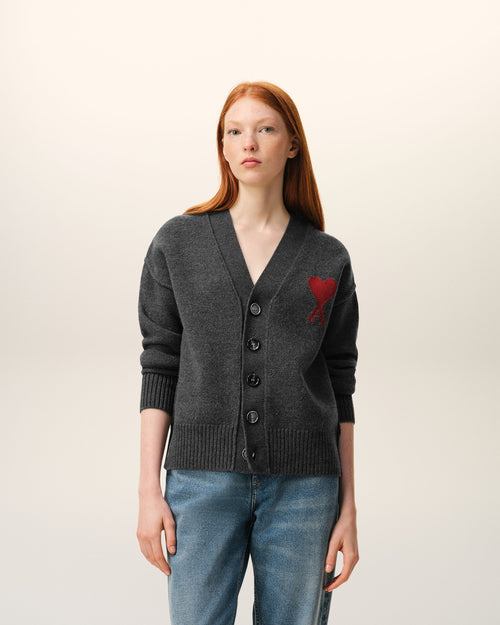 Grey Wool Cardigan With Contrasted Ami De Coeur - Woman - 8 - AMI Paris - Ami Paris