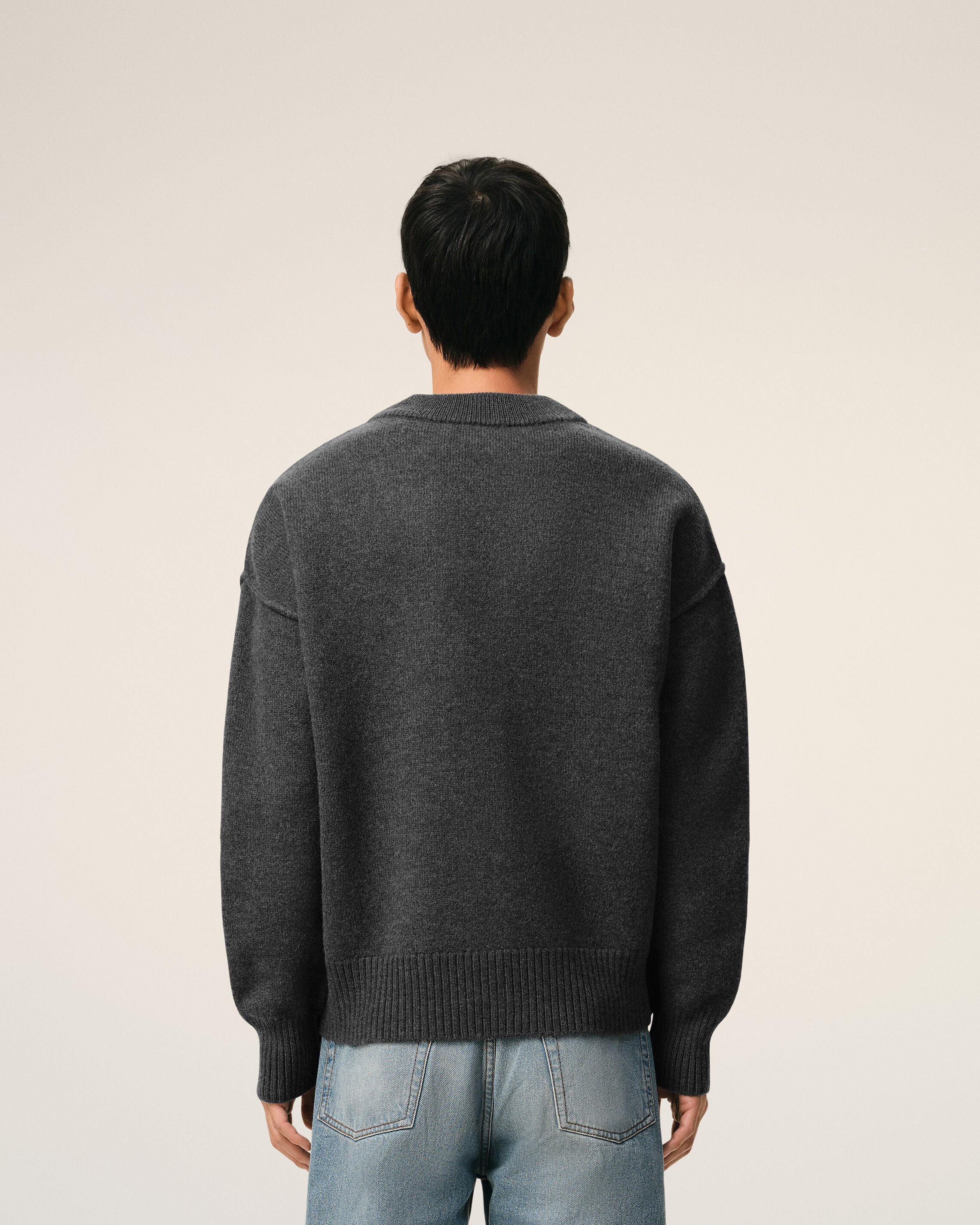 Grey Wool Cardigan With Contrasted Ami De Coeur - 5