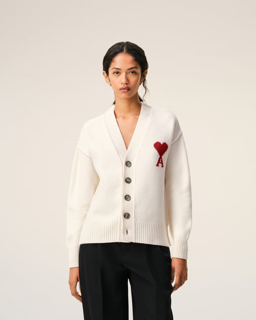 Natural Wool Cardigan With Contrasted Ami De Coeur - 9 - Ami Paris