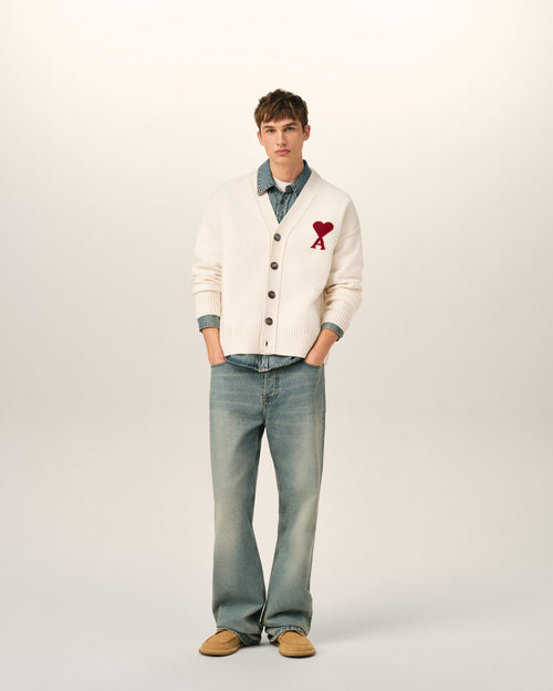 Natural wool cardigan with Ami de Coeur - Man - 3 - AMI Paris - Ami Paris