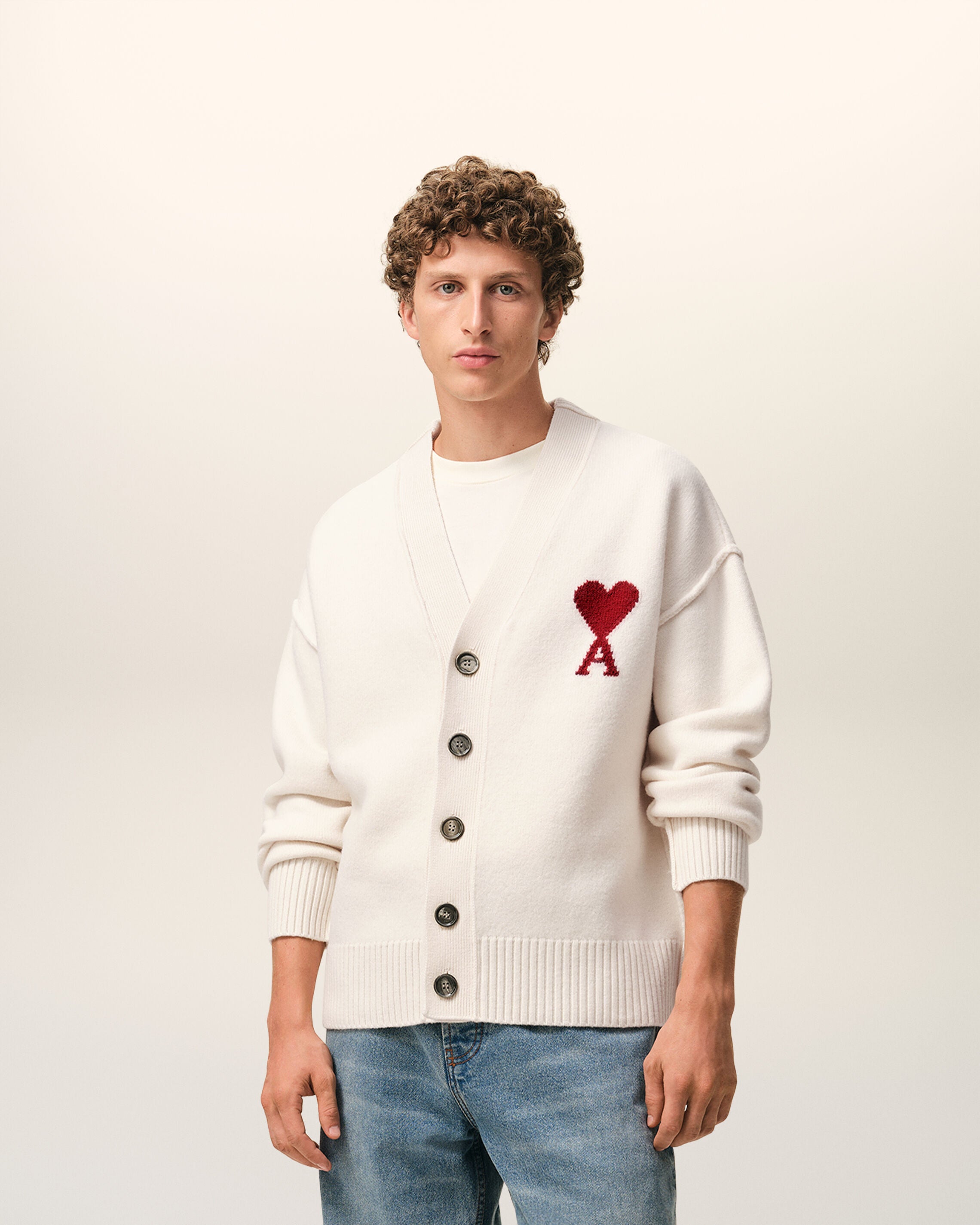 アミパリ カーディガン白 OFF WHITE/ RED White Wool Ami De Coeur Cardigan | AMI PARIS
