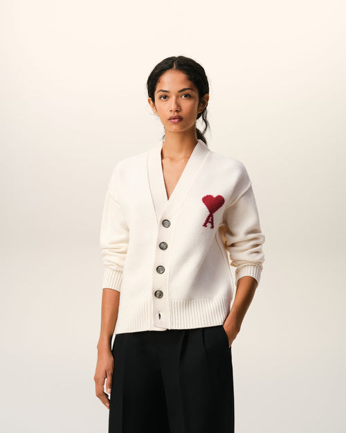 Natural Wool Cardigan With Contrasted Ami De Coeur - Woman - 8 - AMI Paris - Ami Paris