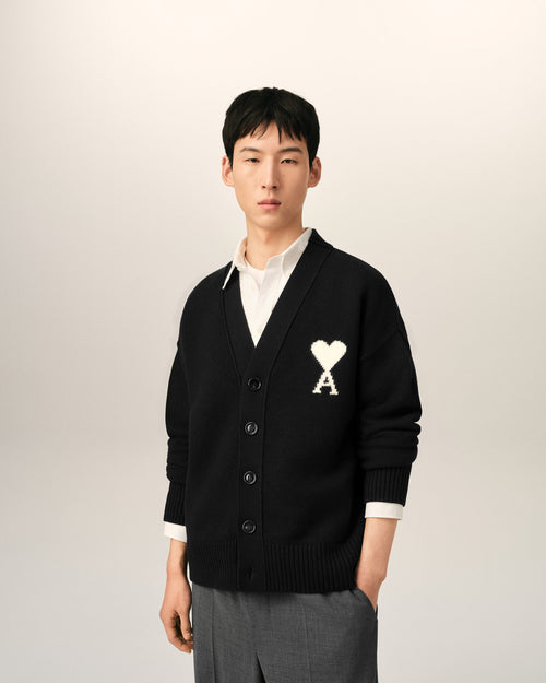Black wool cardigan with Ami de Coeur - Man - 2 - AMI Paris - Ami Paris