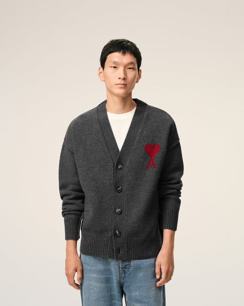 Grey Wool Cardigan With Contrasted Ami De Coeur - 3 - Ami Paris