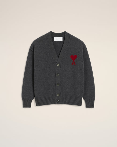 Grey Wool Cardigan With Contrasted Ami De Coeur - HEATHER GREY/RED - Ami Paris
