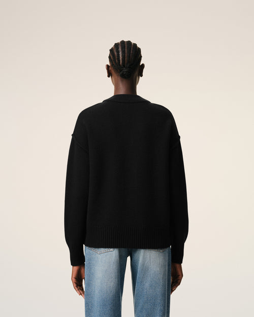 Cardigan Avec Ami De Coeur Contraste Noir en Laine - 11 - Ami Paris