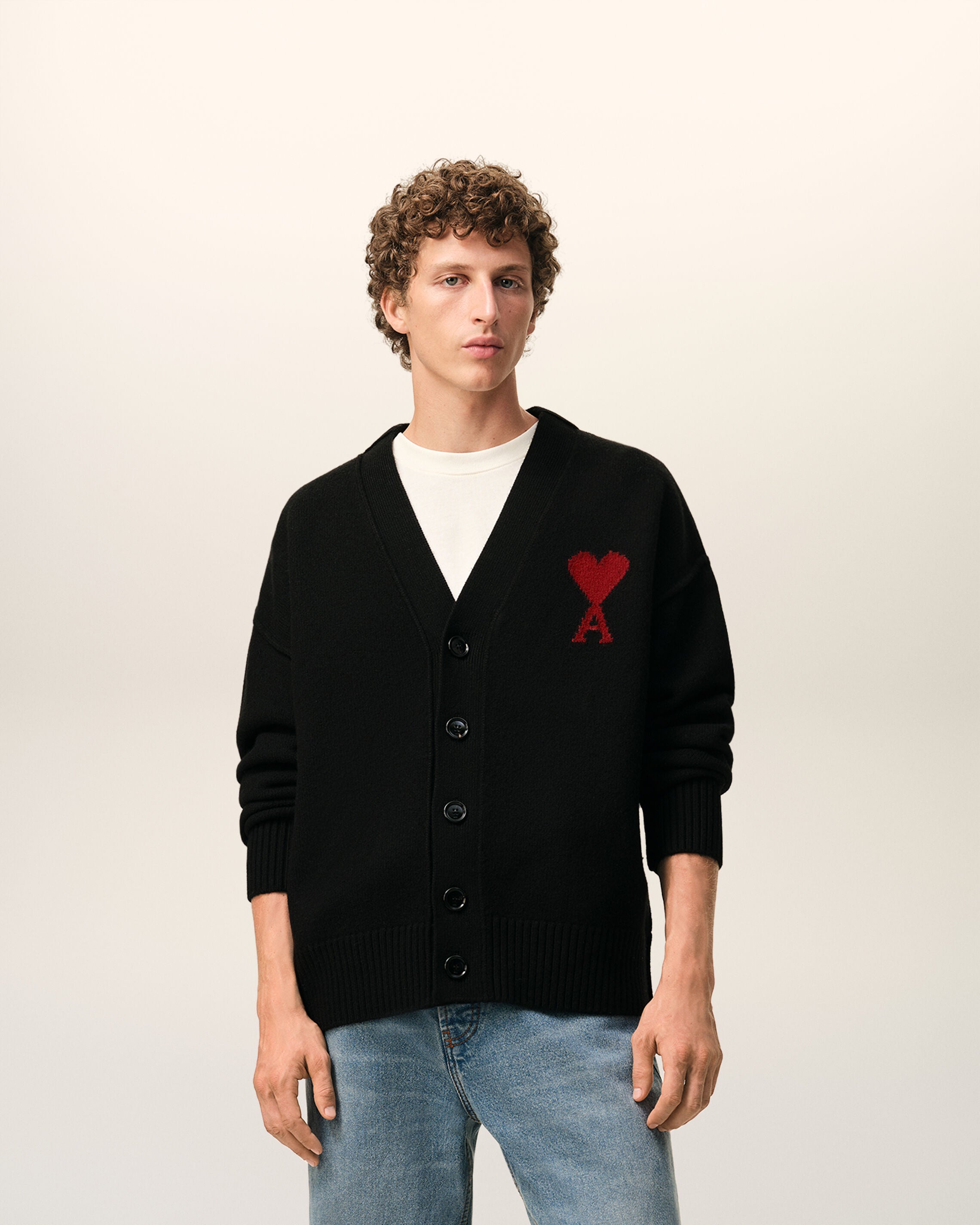 ブラック ウール Ami De Coeur カーディガン ブラック/レッド | AMI PARIS