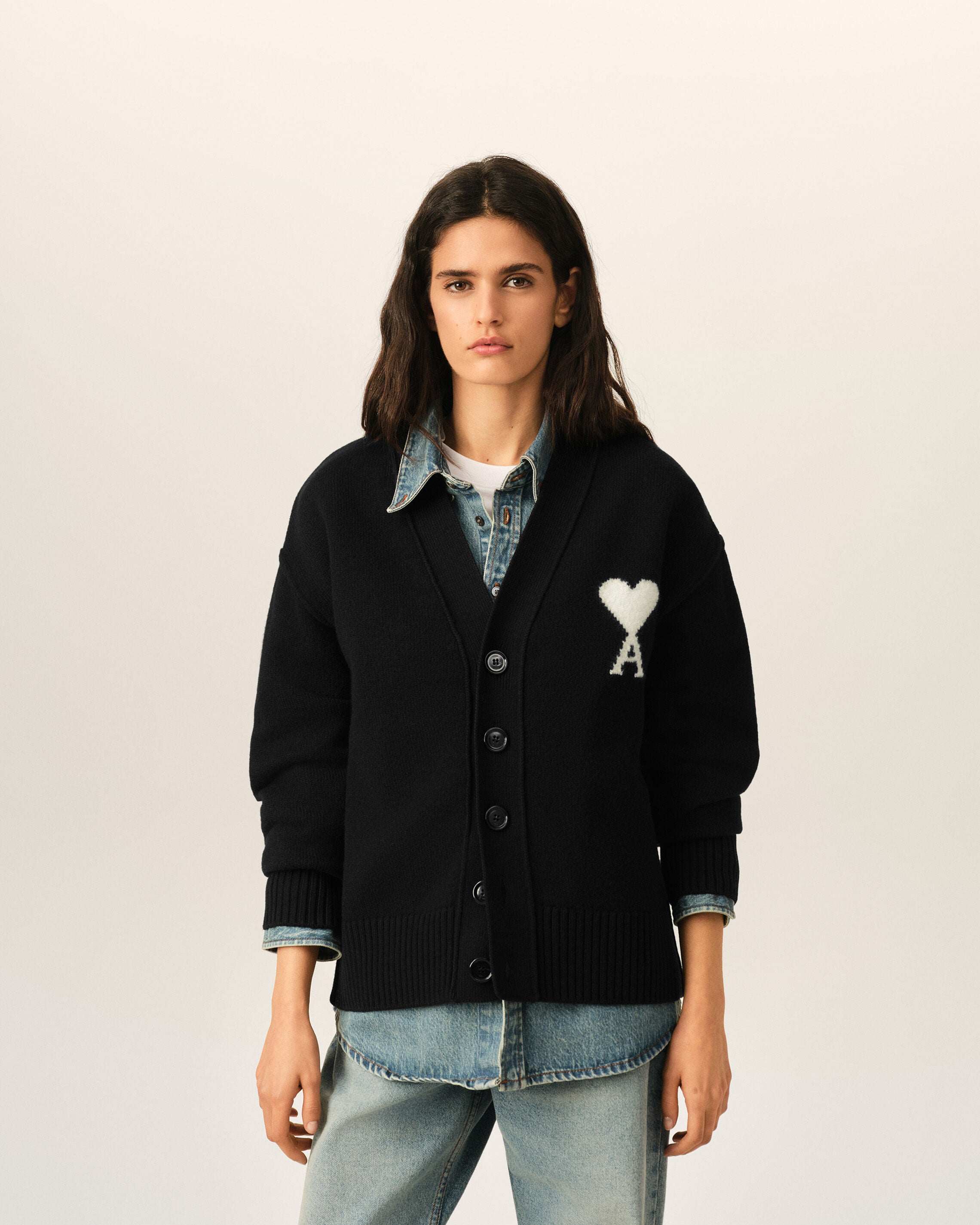 Black wool cardigan with Ami de Coeur - 8