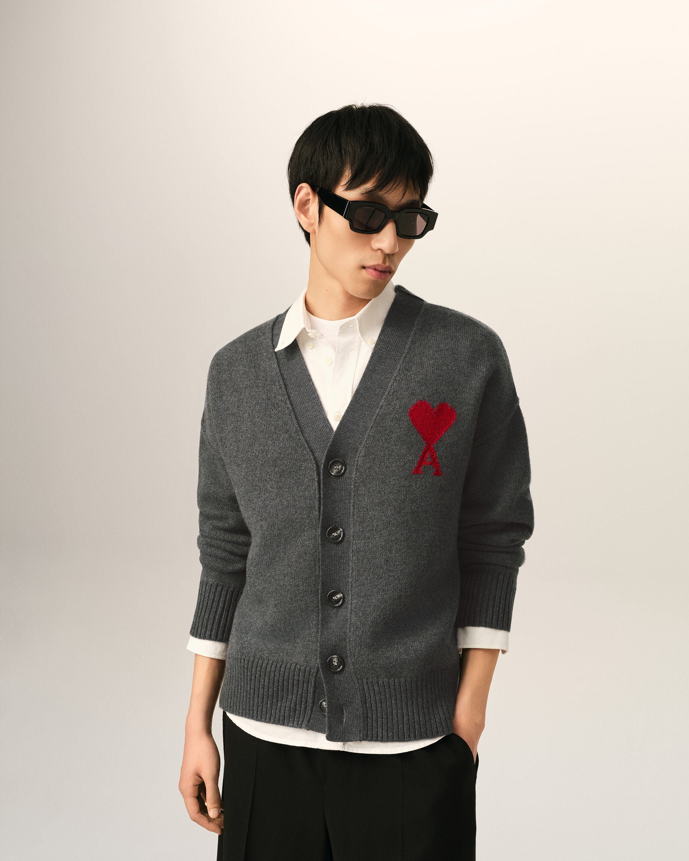 Grey wool cardigan with Ami de Coeur - 2