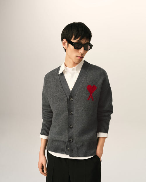 Grey wool cardigan with Ami de Coeur - Man - 2 - AMI Paris - Ami Paris
