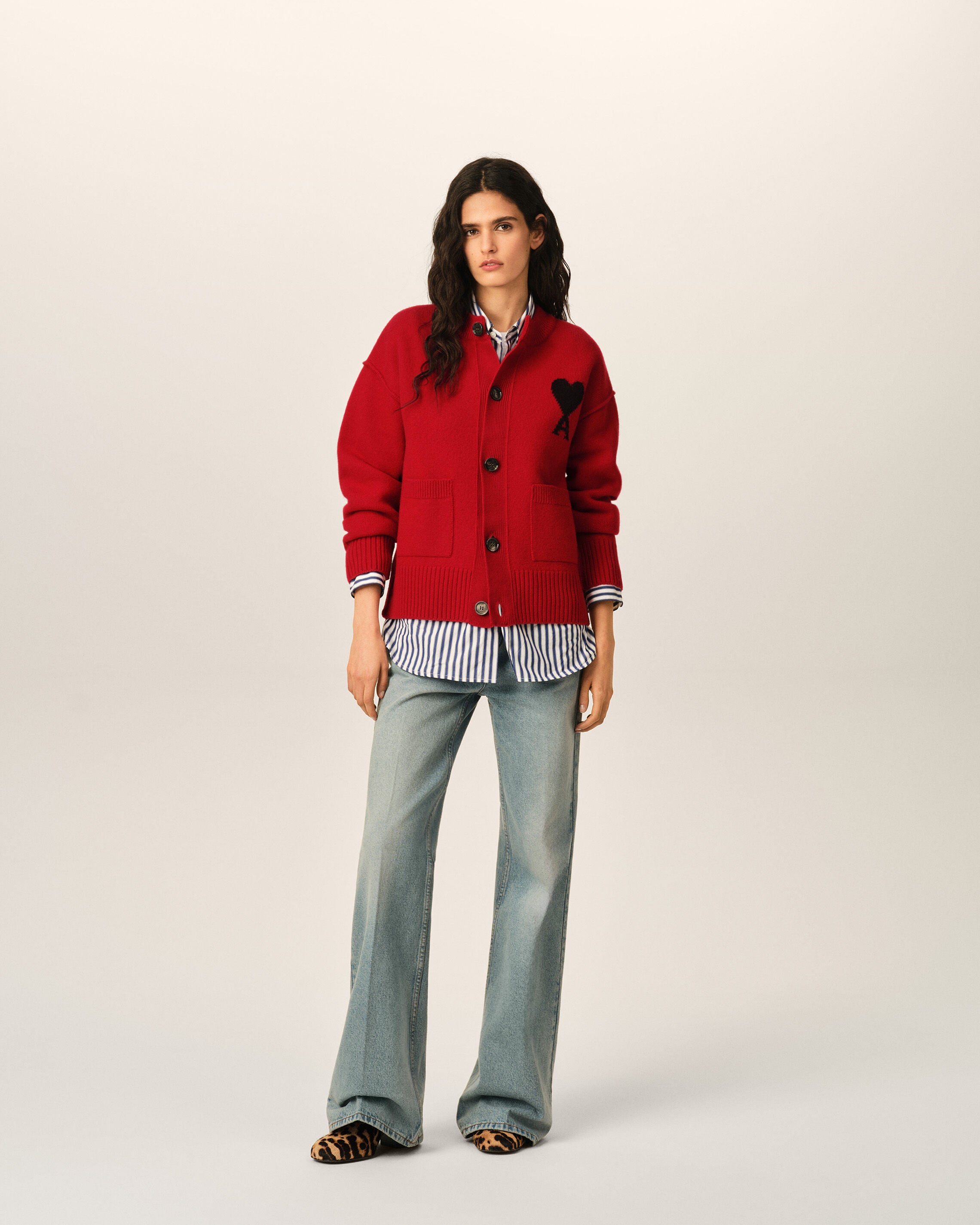 Cardigan rouge col rond en laine Ami de Coeur - 9
