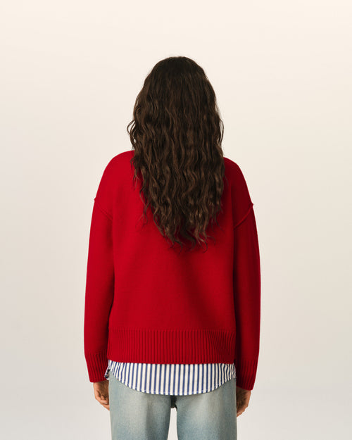 Red crewneck wool cardigan with Ami de Coeur - Woman - 11 - AMI Paris - Ami Paris
