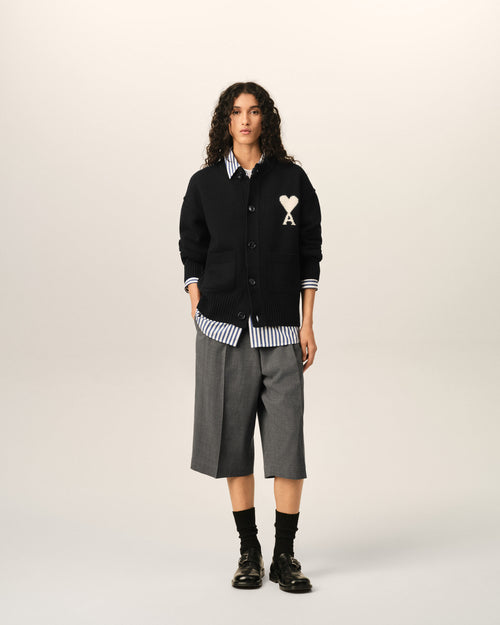 Black crewneck wool cardigan with Ami de Coeur - Woman - 9 - AMI Paris - Ami Paris