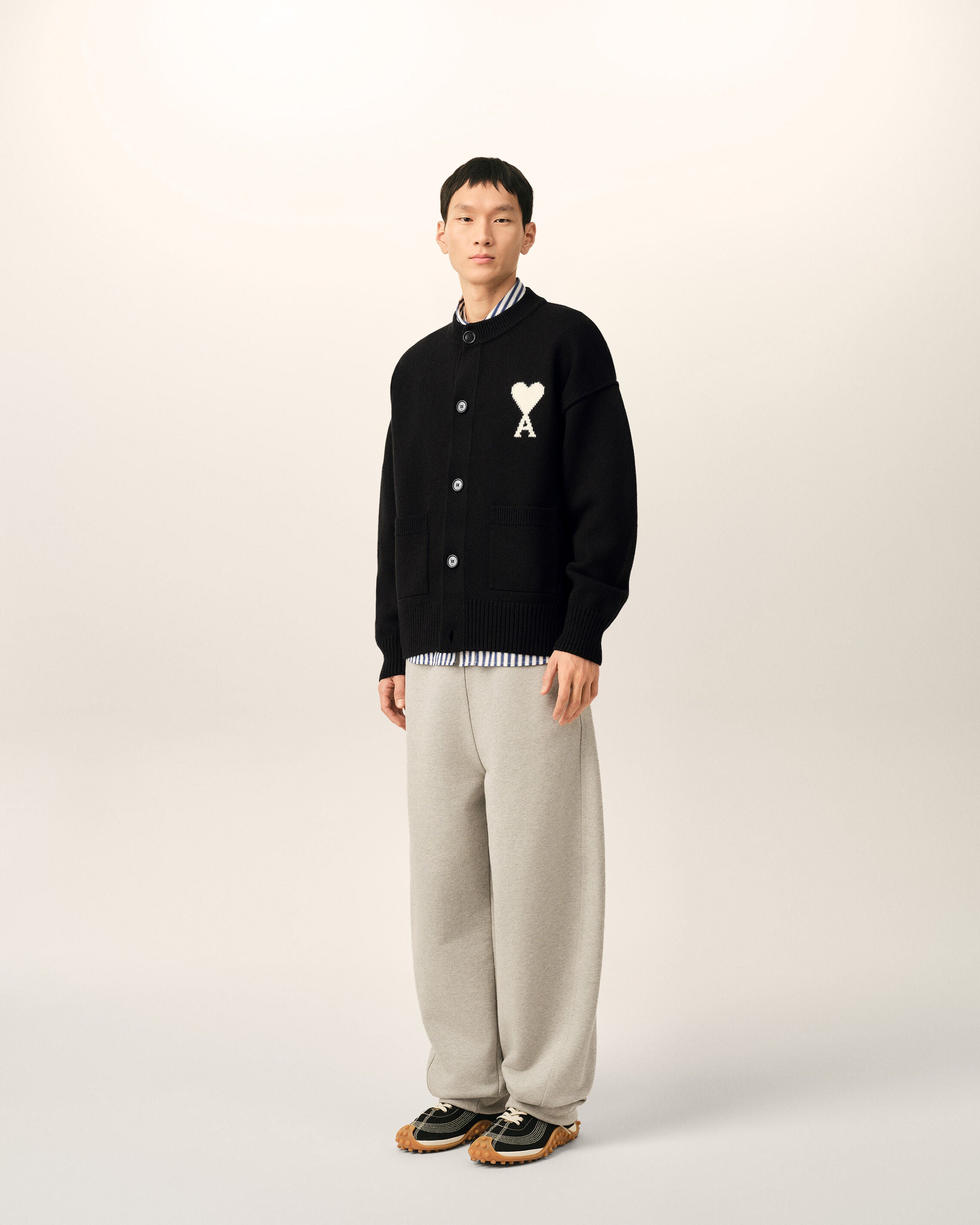 Black crewneck wool cardigan with Ami de Coeur - 6