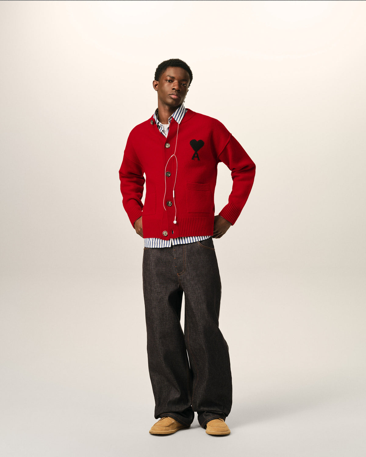 Cardigan rouge col rond en laine Ami de Coeur - 3