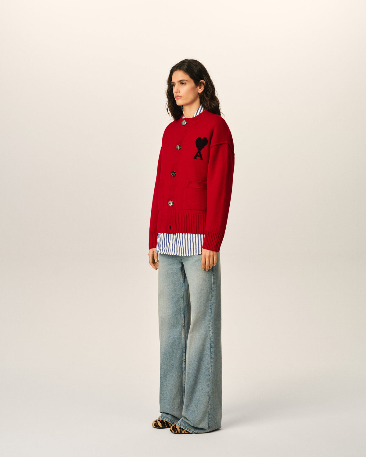 Red crewneck wool cardigan with Ami de Coeur - 12