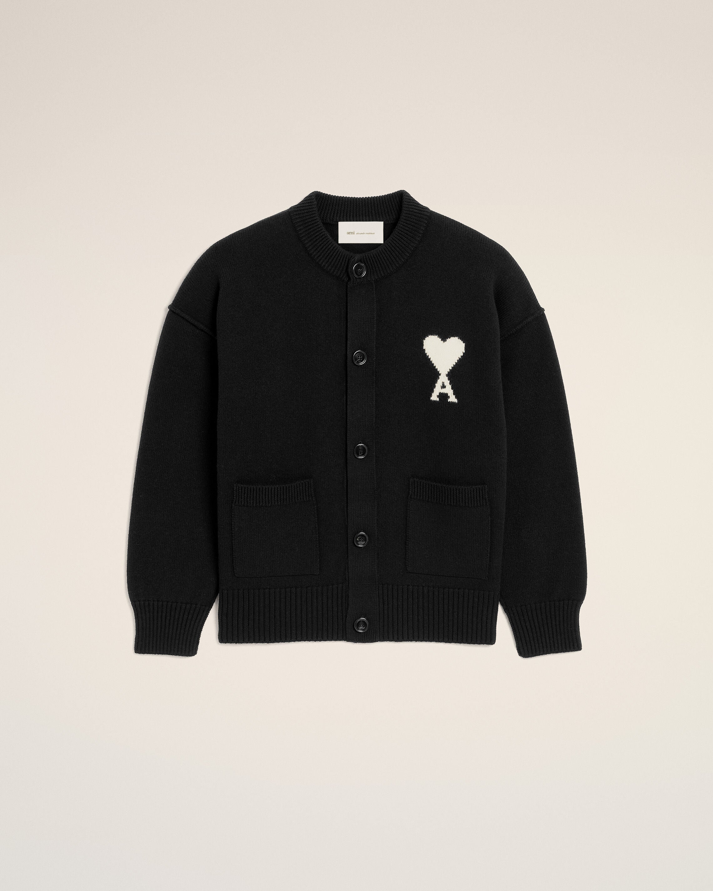 Black crewneck wool cardigan with Ami de Coeur - 1