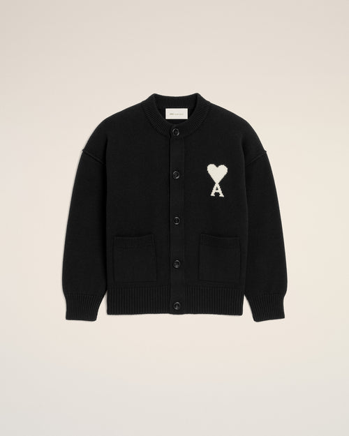 Black crewneck wool cardigan with Ami de Coeur - BLACK/OFF WHITE - Ami Paris