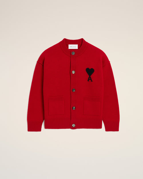 Red crewneck wool cardigan with Ami de Coeur - RUBY RED/BLACK - Ami Paris