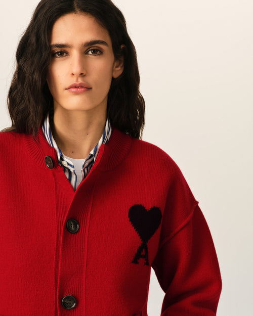 Red crewneck wool cardigan with Ami de Coeur - Woman - 10 - AMI Paris - Ami Paris