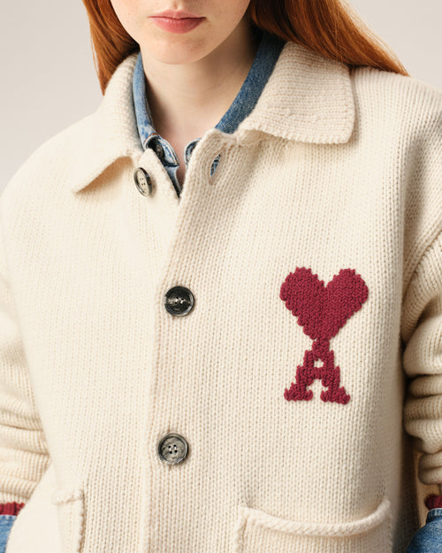 White Wool Ami De Coeur Cardigan - 10 - Ami Paris