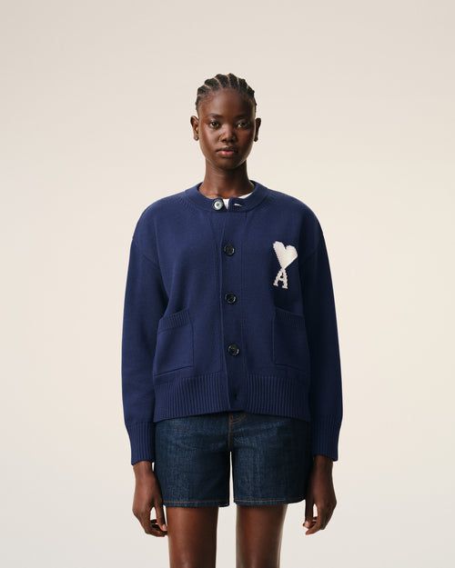 Blue Wool Crewneck Ami De Coeur Cardigan - Woman - 9 - AMI Paris - Ami Paris