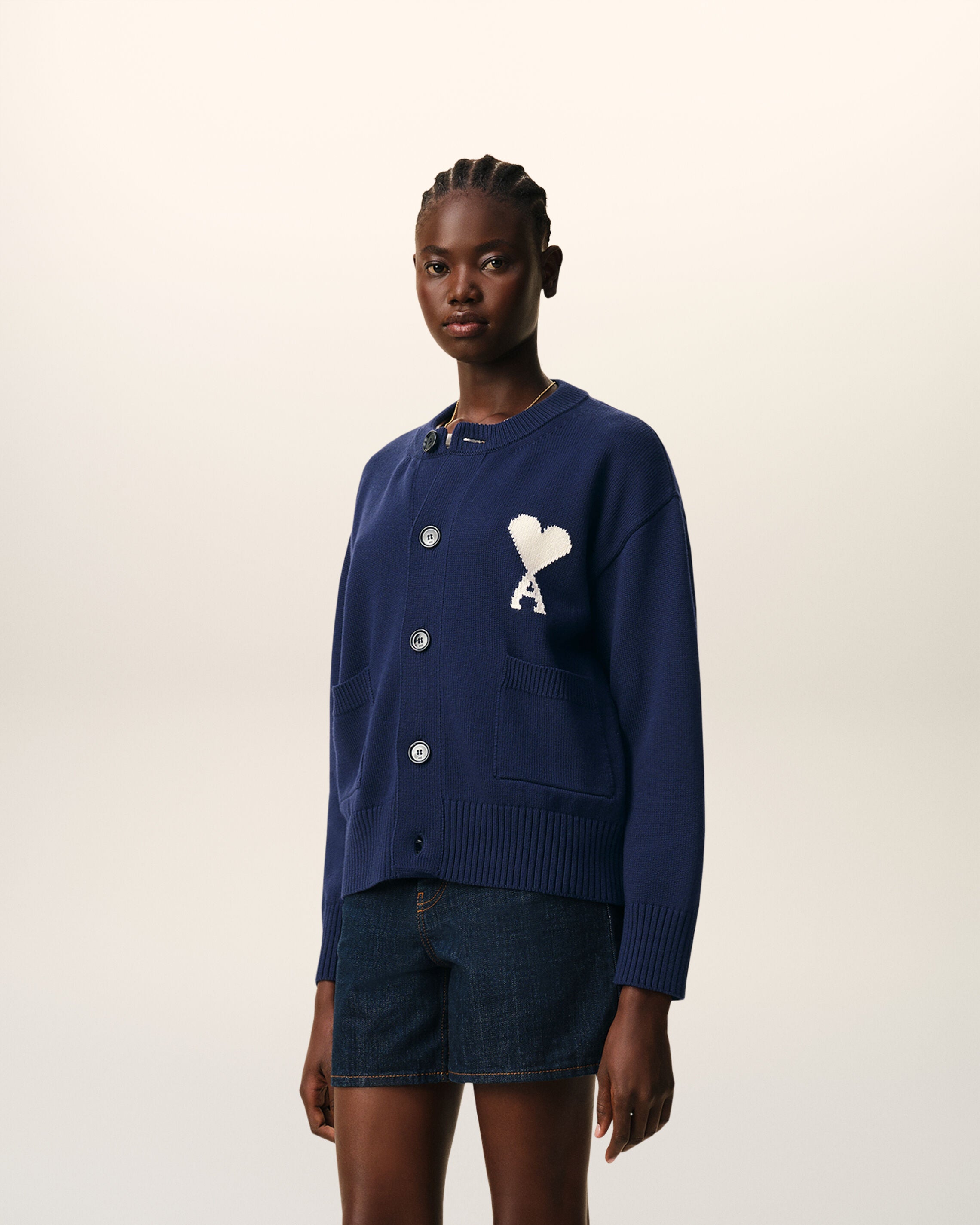 ブルー ウール クルーネック Ami de Coeur カーディガン インク