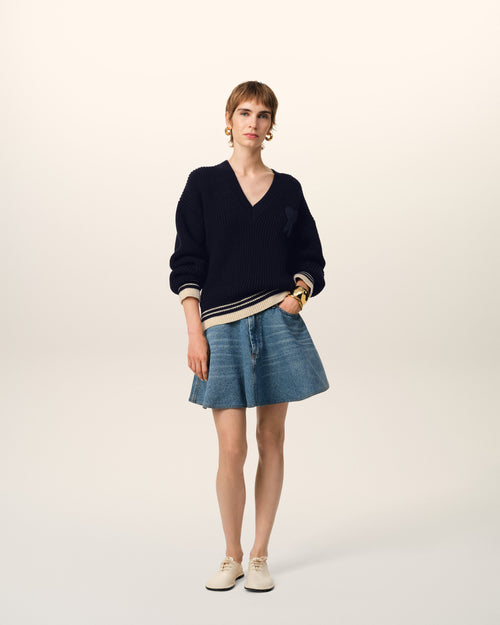                             Navy Wool Ribbed V Neck Sweater - 3                         - Ami Paris