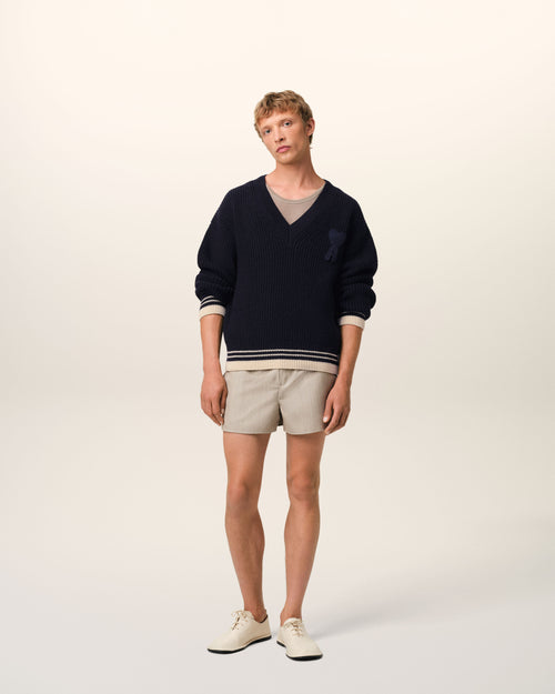 Navy Wool Ribbed V Neck Sweater - 1 - Ami Paris