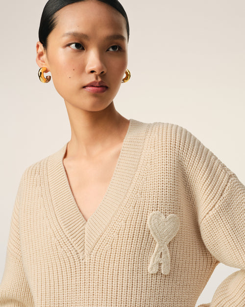 Beige Wool Ribbed V Neck Sweater - 10 - Ami Paris