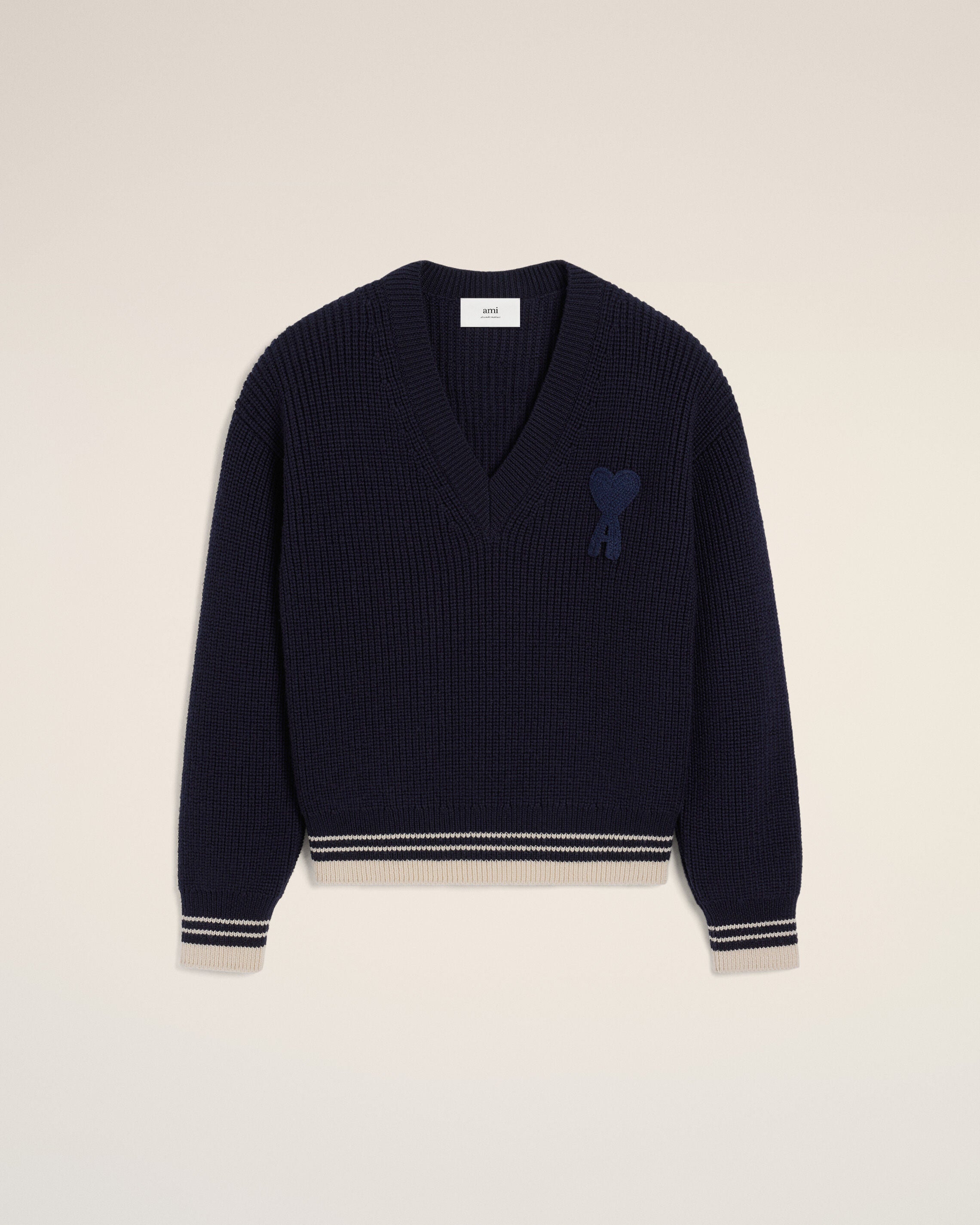 【新品未使用】AmiParis Vネックセーター NAVY BLUE Ribbed V Neck Sweater | AMI PARIS