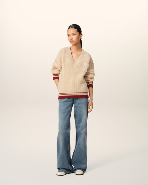                             Beige Wool Ribbed V Neck Sweater - 3                         - Ami Paris