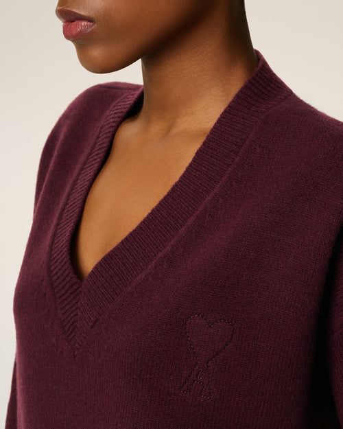 Burgundy Wool Ami De Coeur V Neck Sweater - 10 - Ami Paris