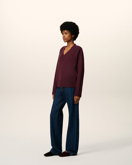 Burgundy Wool Ami De Coeur V Neck Sweater - 12 - Ami Paris
