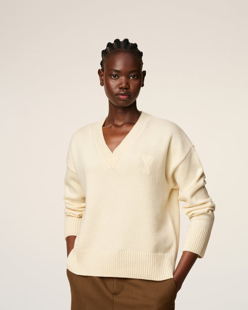 White Wool Ami De Coeur V Neck Sweater - 9 - Ami Paris