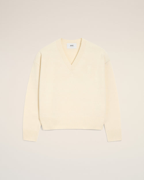 Ami De Coeur Pullover mit V-Ausschnitt aus Wolle in Weiß - 2 - Ami Paris